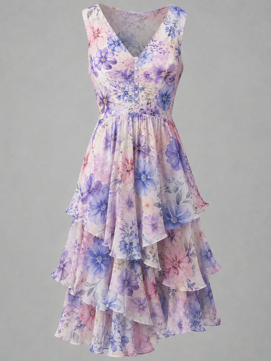 Floral Art Printed Vintage V-Neck Sleeveless Midi Dress